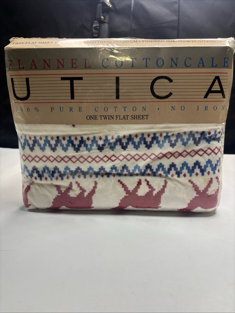 Utica Stevens Flannel Cotton Running Reindeer Twin Flat Sheet NIP 1986 Vtg